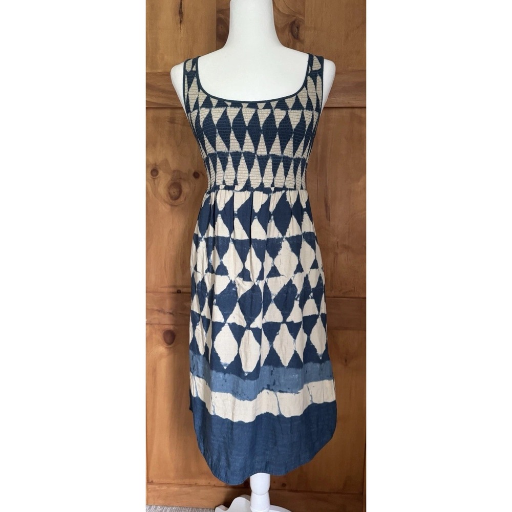MAEVE Castalia Blue Ivory Smocked Dress Size 4 The‎ Dye Elastic Flowy Boho